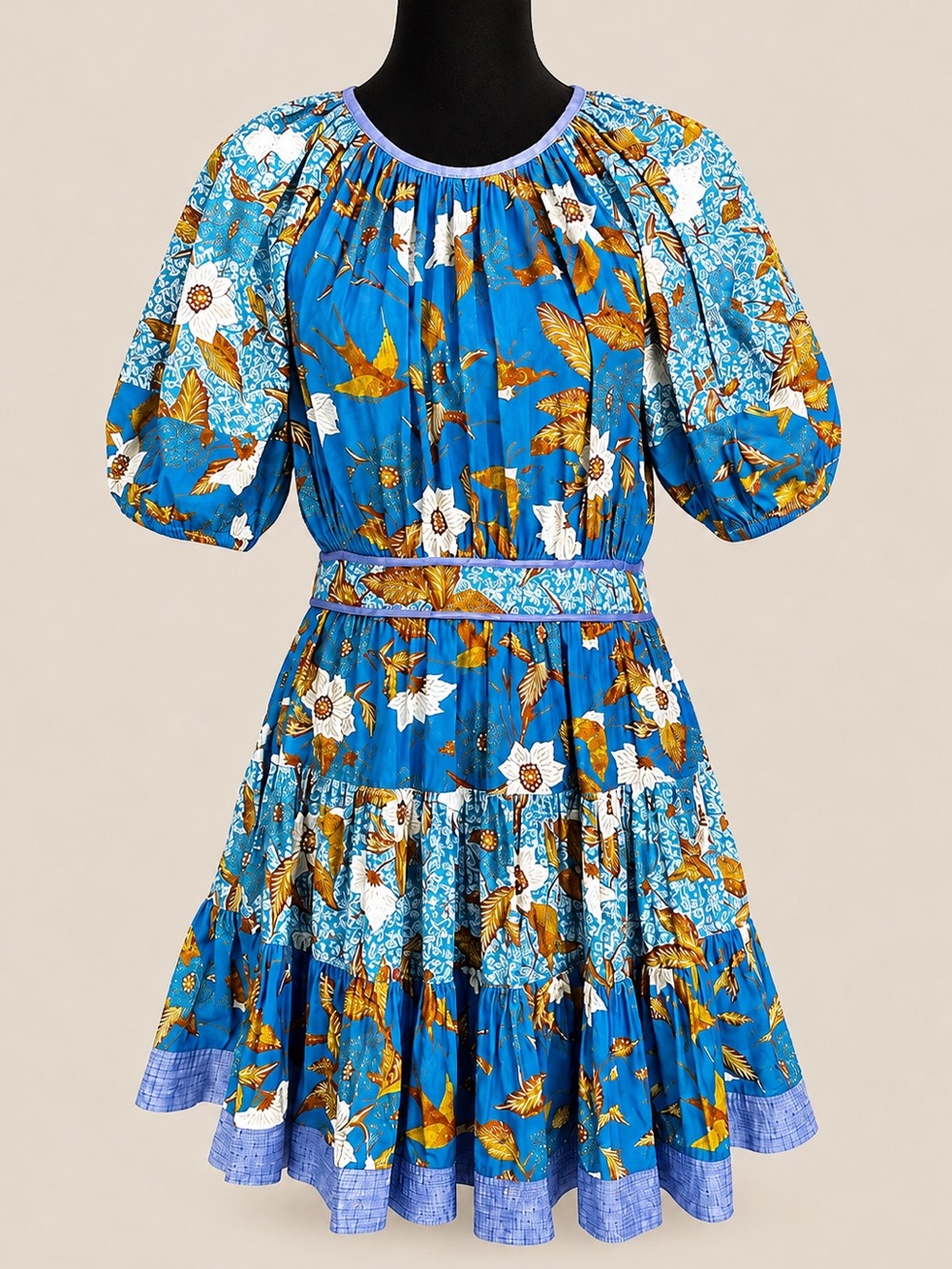 Ulla Johnson Blue Floral Puff Sleeve Tiered Mini Dress Size 6 NWT